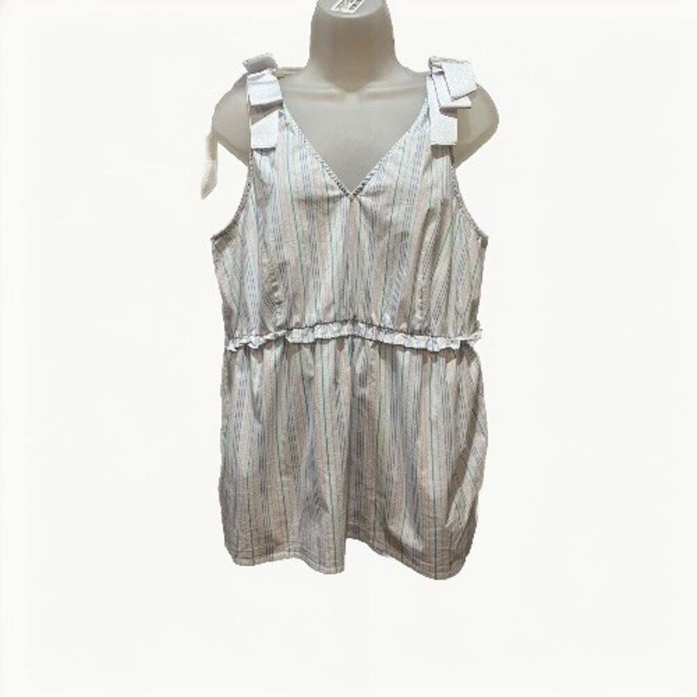 Belle & Sky White Sleeveless Striped Bow Shoulder Top Blouse Women's Size Large